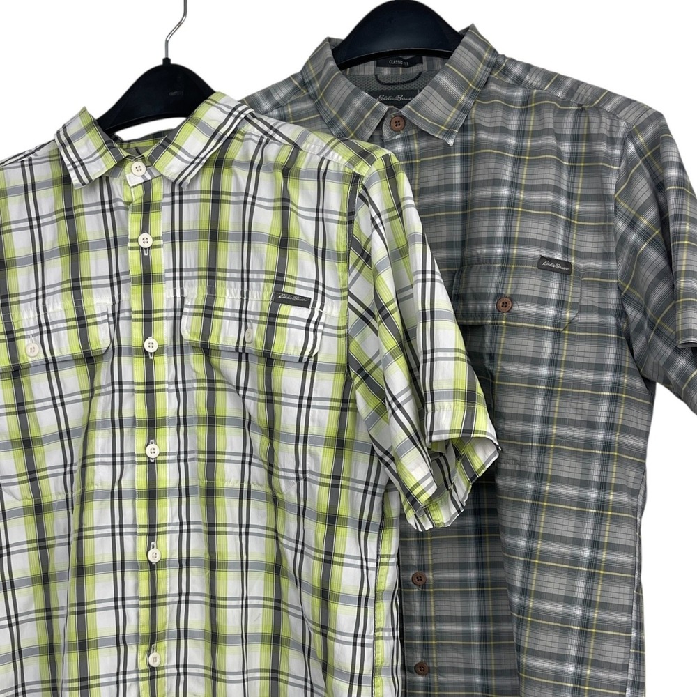 (LOT OF 2) Eddie Bauer TRAVEX Mens M Wicking Plaid Hiking Shirts Lime Green Grey
